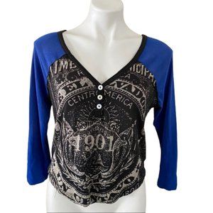 Free People Blue & Black 3/4 Sleeve Cropped V-Neck